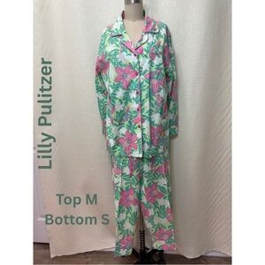 Lilly Pulitzer Floral Pajama Set Top M Pants S Cotton Sleepwear Bright Pink Cute